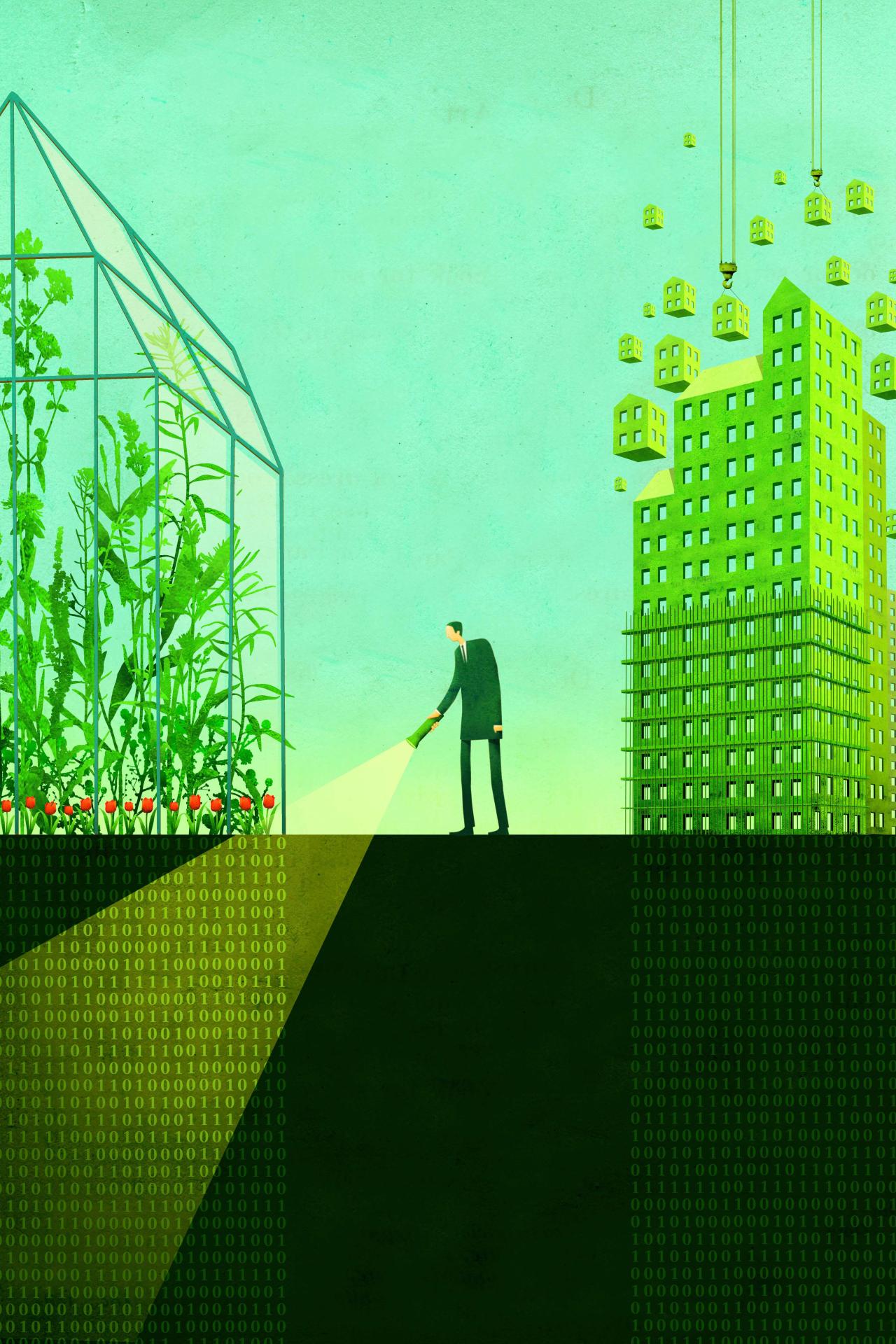 Tekening van man met lantaarn die bij een kas onder de grond schijnt en allemaal binaire getallen ziet