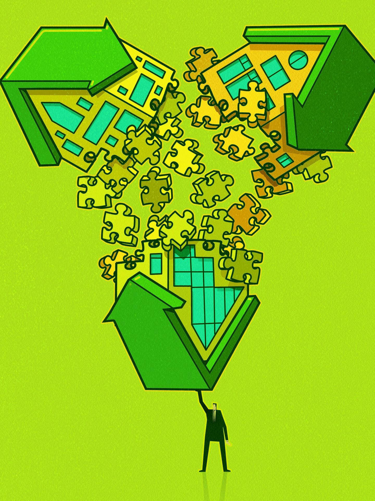 Tekening van 3 in puzzelstukjes uiteenvallende huizen met groen achtergrond