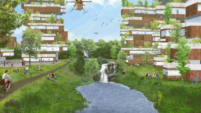 Getekend toekomstige woonomgeving met hoogbouw (met bomen op balkon) en een water er tussen in en mensen die recreëren langs het water