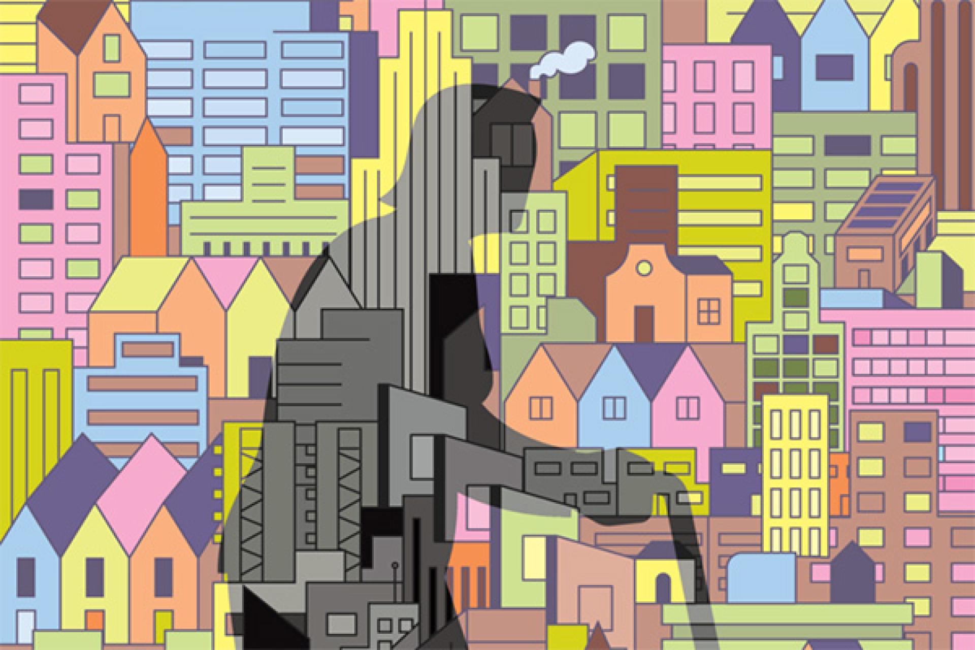 Illustratie stad met bejaarde