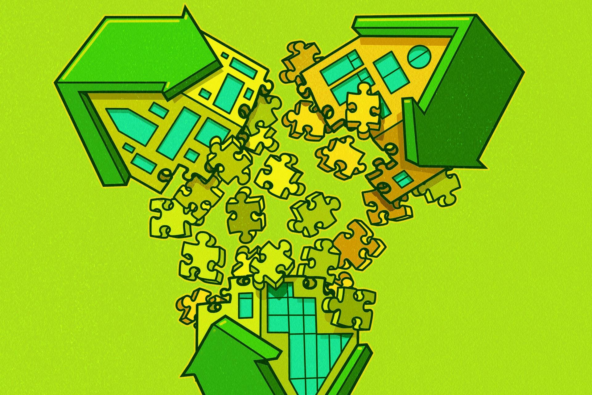 Tekening van 3 in puzzelstukjes uiteenvallende huizen met groen achtergrond