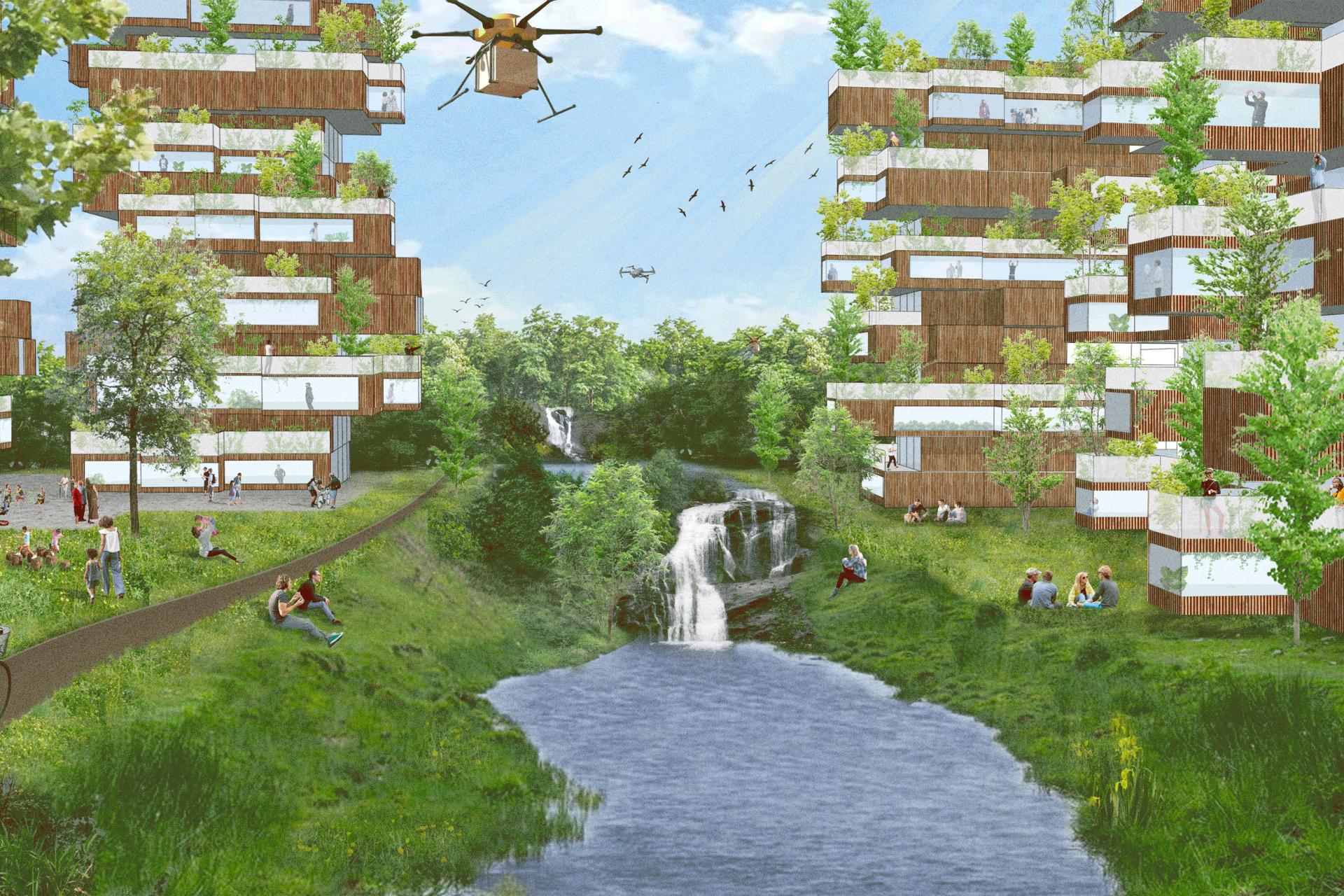 Getekend toekomstige woonomgeving met hoogbouw (met bomen op balkon) en een water er tussen in en mensen die recreëren langs het water