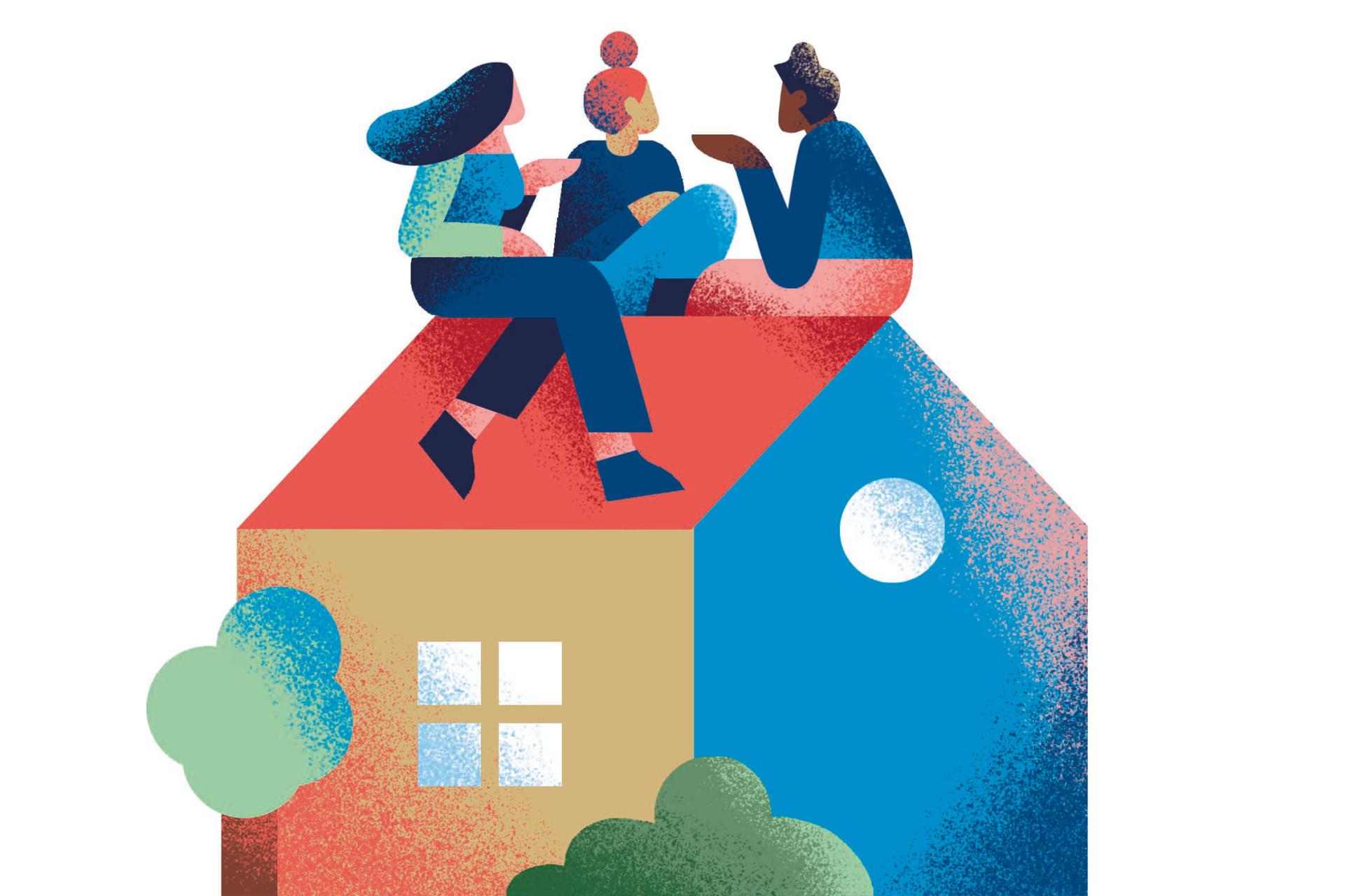 Illustratie mensen op het dak van een huis