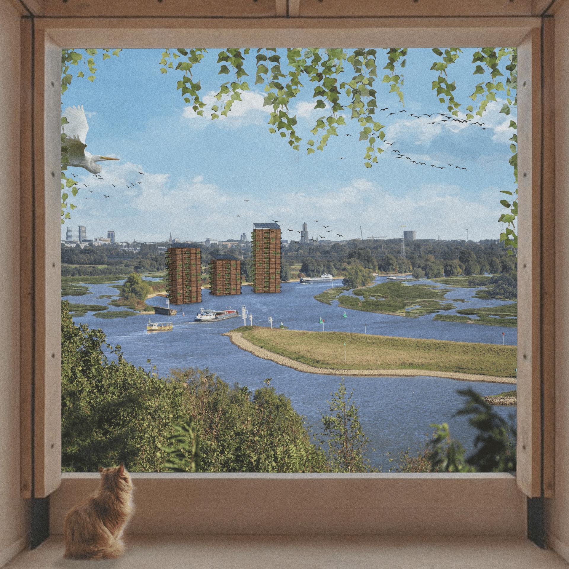 Getekend venster waar een kat naar buiten kijkt en een rivier ziet meanderen met flats aan de rand (die half in het water staan)