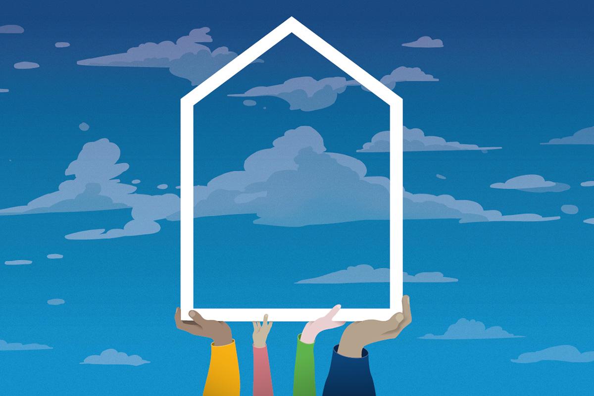 Illustratie handen tillen huis op