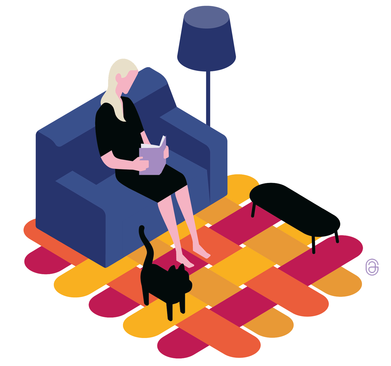 Illustratie vrouw lezend op de bank