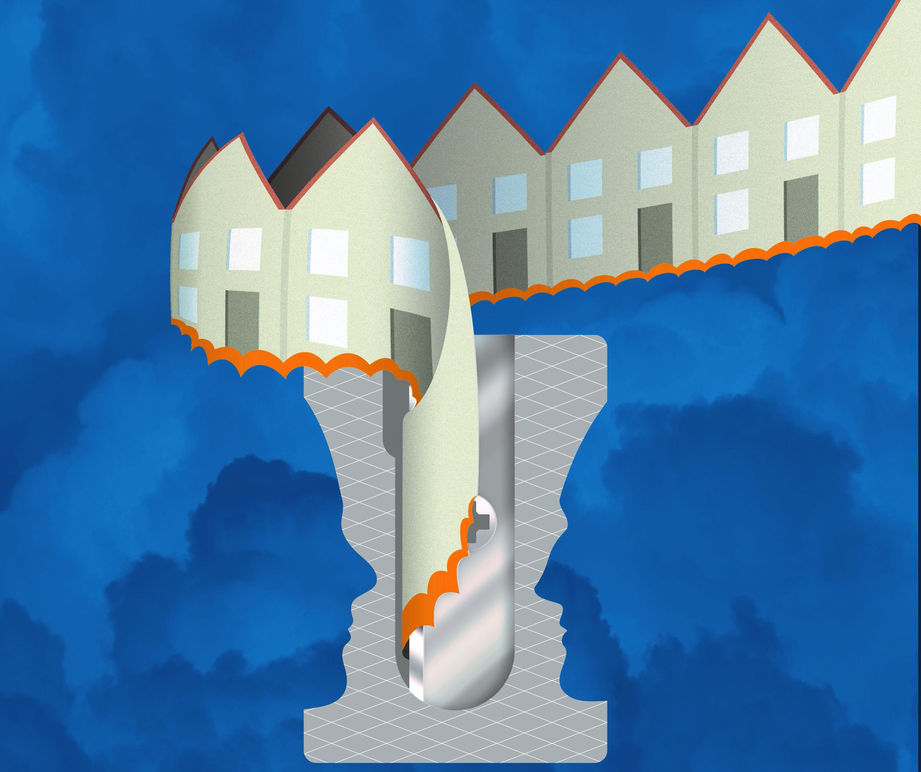 Illustratie van een rij huizen met een scheurrand, die links gedraaid tussen 2 gezichten die visueel een puntenslijper maken als het ware afrolt