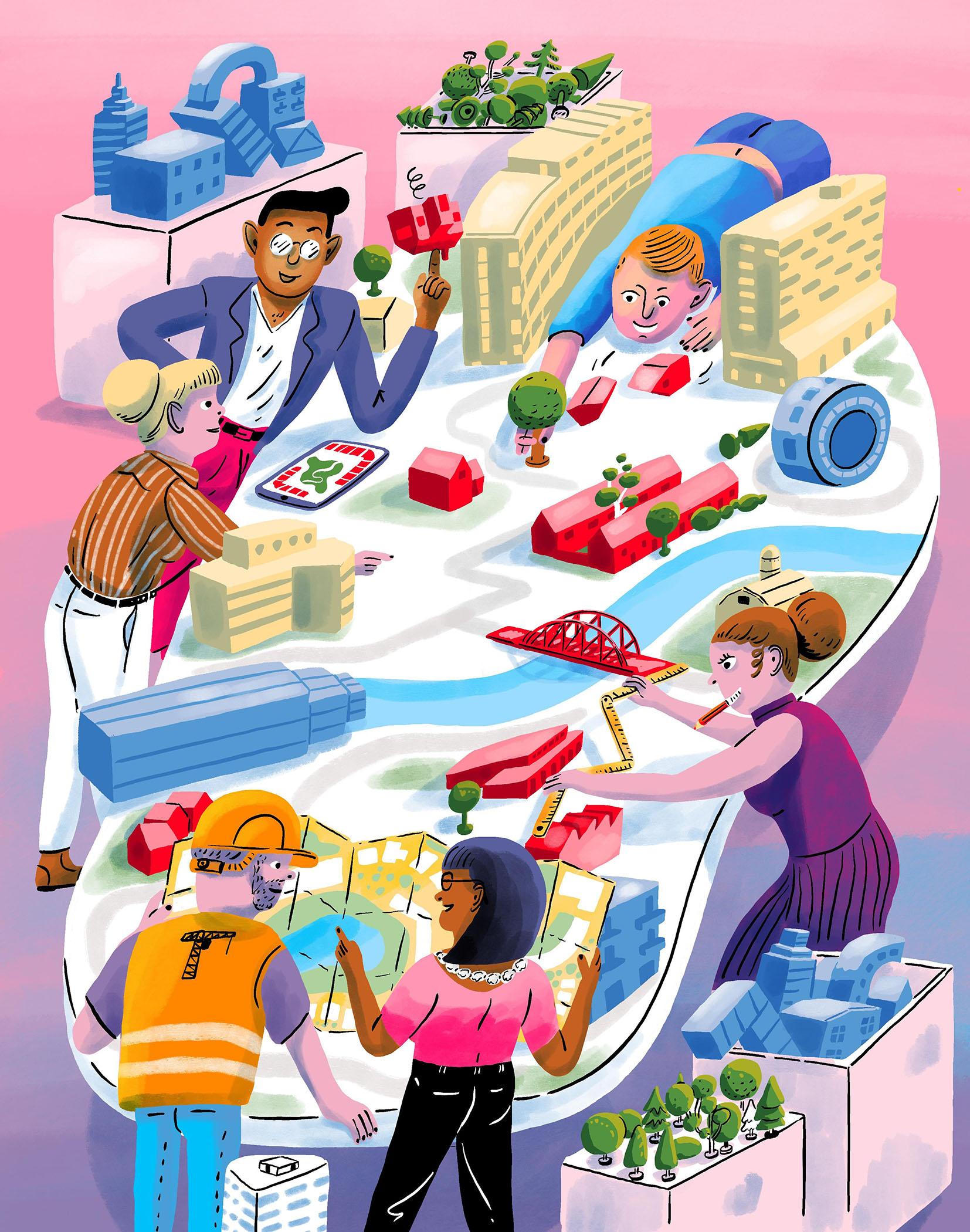 Illusttratie van mensen rond een tafel met marquette van stad